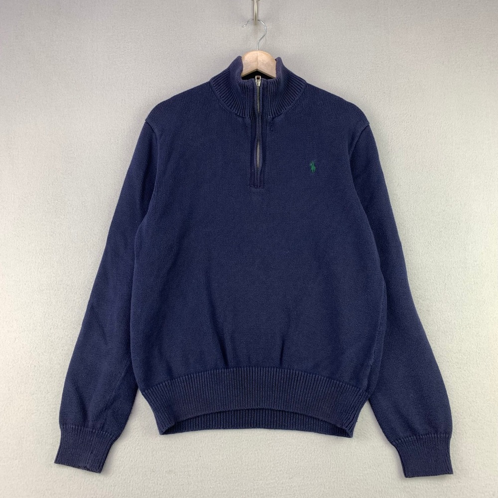 Polo Ralph Lauren 1/4 Zip Sweater Mens Medium Navy Blue Cotton Pullover Preppy